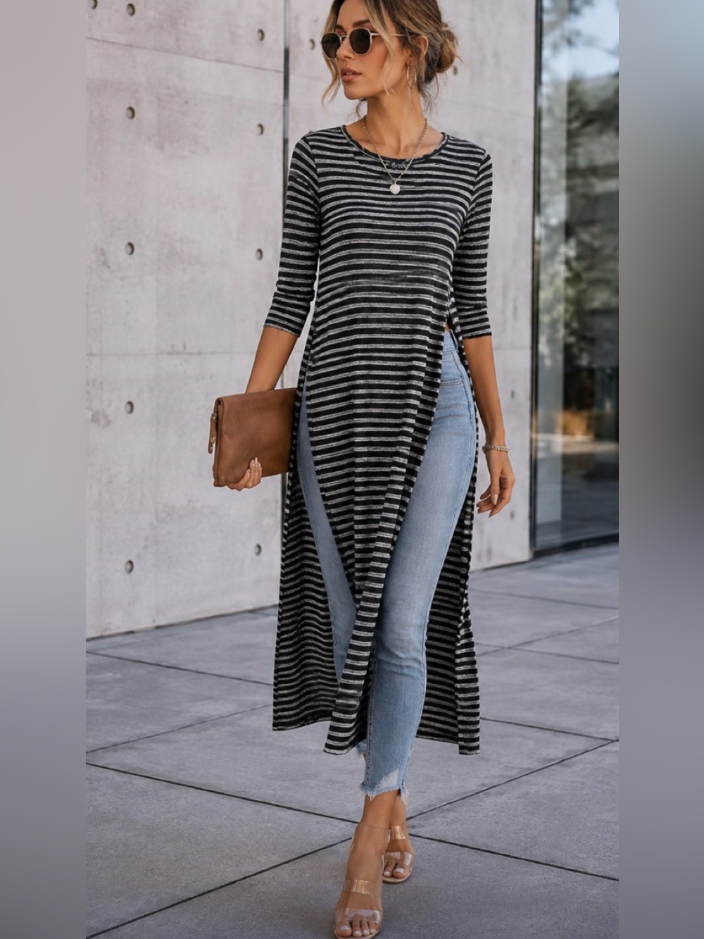 NWT IRIS Open Sides Gray Black Stripes Knit Maxi Top Swim Coverup Size M $99